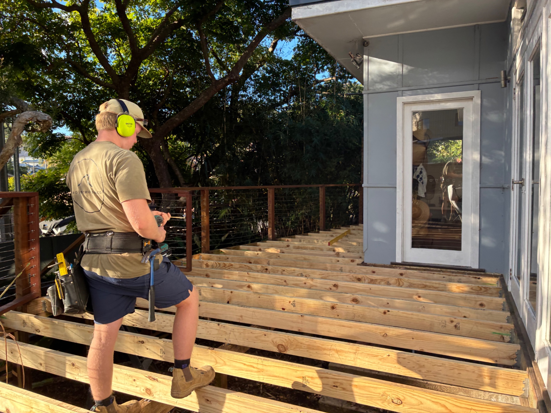 During the rebuild: new treated pine subframe set out across the front entry at Avoca Beach