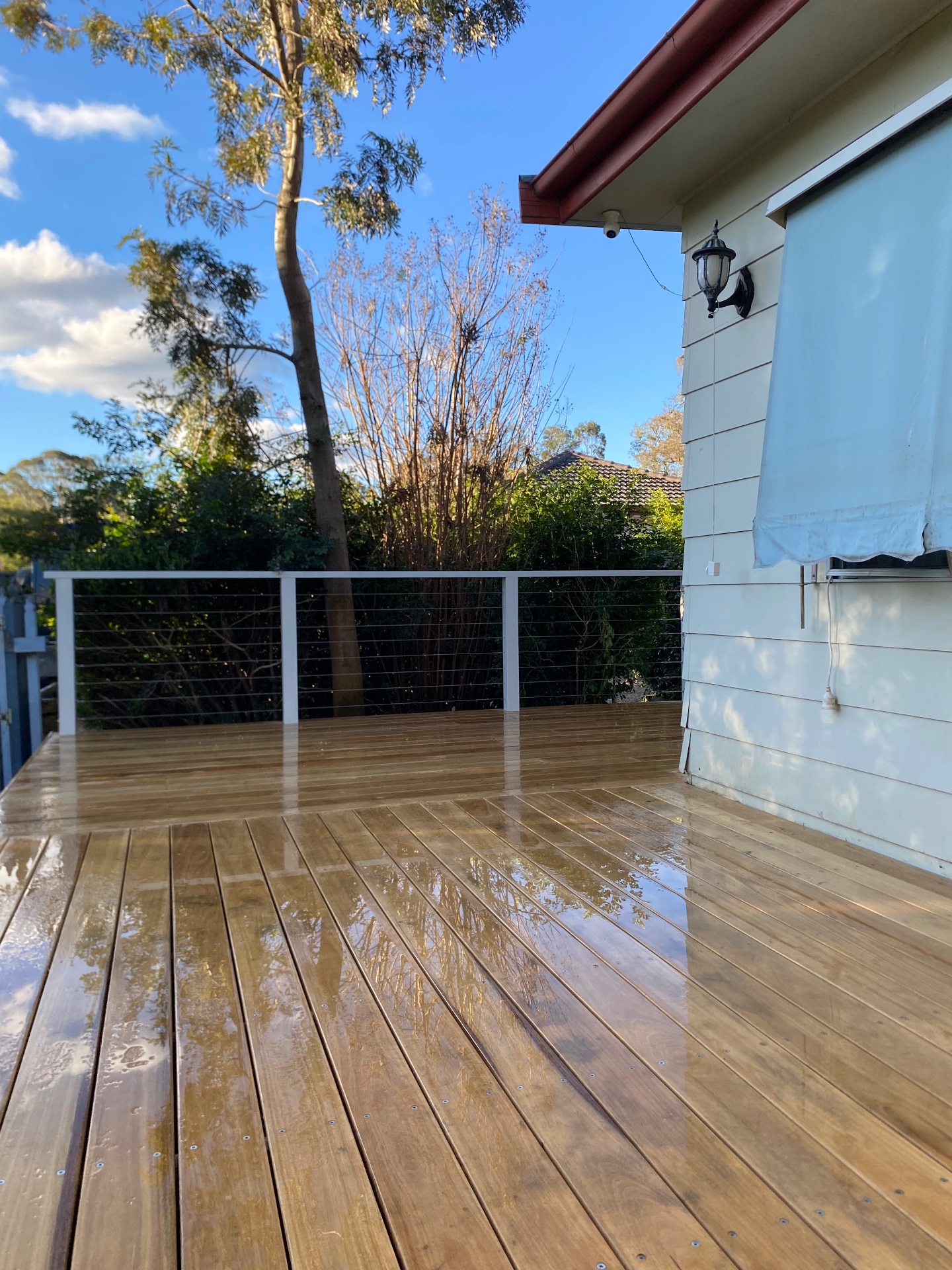 Finished tallowood deck with wire balustrade looking out to gum trees at Cessnock
